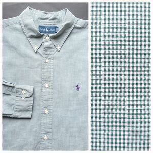 VTG Ralph Lauren Button Down Shirt 17.5 34/35 Green Plaid Gingham Check Pony